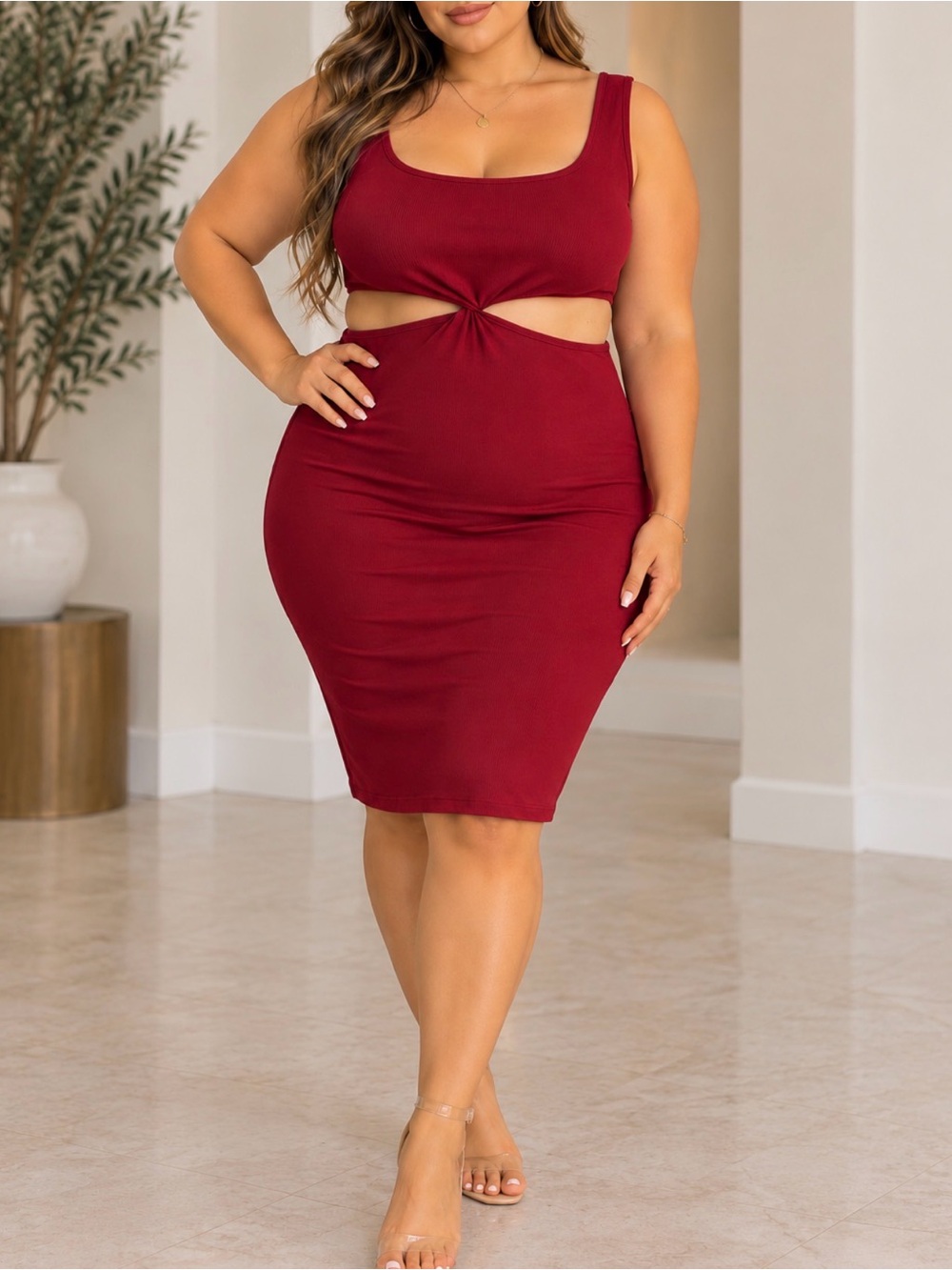 Wine Red Twist Cutout Midi Bodycon Dress
